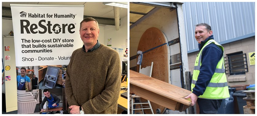 (left) Niall McConkey, smiling with his hands clasped in front of him, is looking to camera and standing in front of a black and white ReStore pull-up board which shows photos of ReStore stock and volunteers. (right) David Morrow is wearing a hi-vis vest and smiling over his shoulder to camera. He is holding a table with a ReStore volunteer who is out of shot.